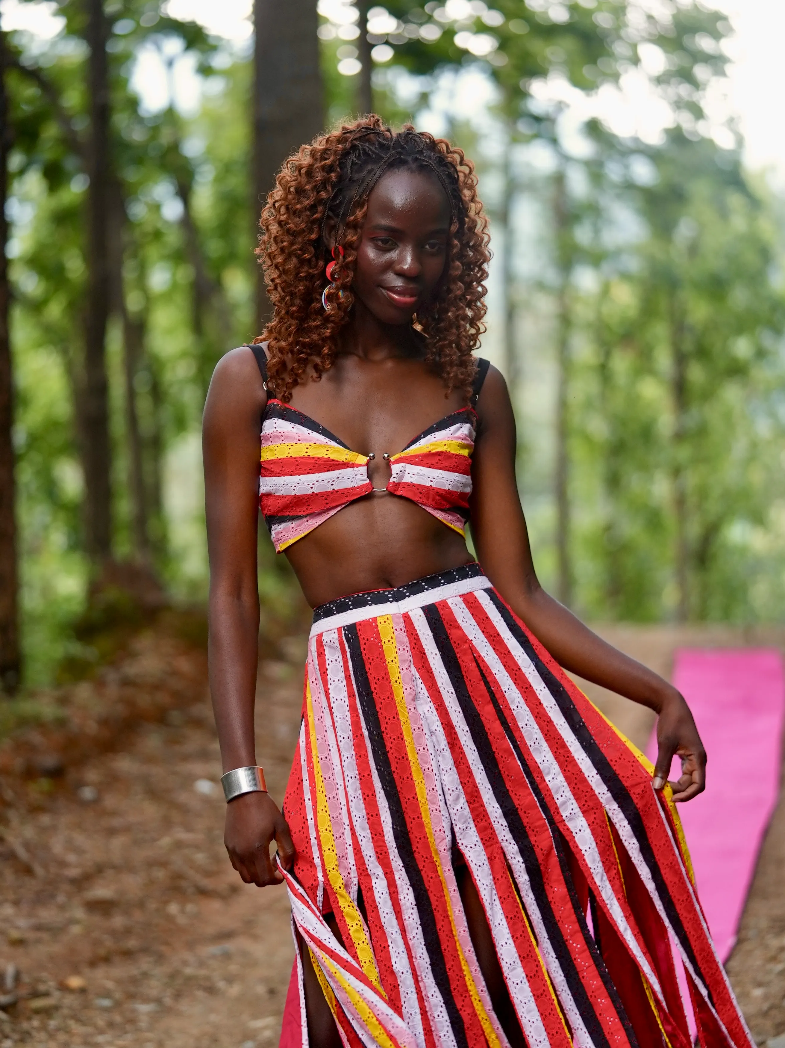  Tidal Romance Co-ord – Striped top & multiple Split Skirt Set with Hand Embroidered detailing